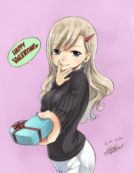 Rule 34 | 1girl, 2020, black sweater, blonde hair, blue eyes, box, closed mouth, cowboy shot, dated, earrings, eden&#039;s zero, from side, hair between eyes, hair ornament, hairclip, happy valentine, heart-shaped box, holding, holding box, jewelry, long hair, long sleeves, mashima hiro, official art, outstretched arm, pencil skirt, pink background, rebecca bluegarden, red ribbon, ribbed sweater, ribbon, signature, simple background, skirt, smile, solo, speech bubble, standing, sweater, turtleneck, turtleneck sweater, white skirt