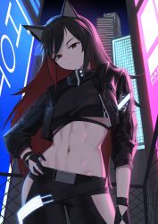 Rule 34 | 1girl, absurdres, ambience synesthesia, animal ear fluff, animal ears, arknights, black hair, black jacket, black pants, black shirt, breasts, city, closed mouth, colored inner hair, contrapposto, cowboy shot, crop top, cropped jacket, hand on own hip, highres, hip vent, jacket, long hair, long sleeves, looking at viewer, multicolored hair, navel, neon lights, night, official alternate costume, open clothes, open jacket, outdoors, pants, red eyes, red hair, shirt, siguya, small breasts, solo, stomach, texas (arknights), toned, very long hair, wolf ears