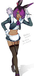 Rule 34 | 1boy, absurdres, animal ears, black hair, black thighhighs, blush, commission, crop top, dark-skinned male, dark skin, duster, freckles, garter straps, gloves, green eyes, hair over one eye, highres, holding, holding duster, long sleeves, looking at viewer, maid, multicolored hair, navel, open mouth, original, purple footwear, purple hair, rabbit ears, short hair, skeb commission, smile, solo, st (youx1119), thighhighs, white gloves