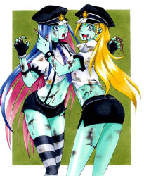 Rule 34 | 10s, 2girls, blonde hair, blood, blue eyes, female focus, fingerless gloves, gloves, hat, image sample, long hair, multicolored hair, multiple girls, necktie, open mouth, panty &amp; stocking with garterbelt, panty (psg), pink hair, pixiv sample, police, police uniform, purple hair, resized, siblings, sisters, skirt, stocking (psg), thighhighs, torn clothes, uniform, very long hair, zombie