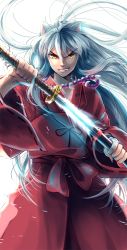 Rule 34 | 1boy, animal ears, detached sleeves, fang, fang out, floating hair, fox ears, grin, hair between eyes, holding, holding sheath, holding sword, holding weapon, inuyasha, inuyasha (character), japanese clothes, jewelry, katana, kimono, long hair, long sleeves, looking at viewer, magatama, male focus, motobi (mtb umk), necklace, red kimono, ribbon-trimmed sleeves, ribbon trim, sheath, silver hair, simple background, slit pupils, smile, solo, sword, unsheathing, v-shaped eyebrows, very long hair, weapon, white background, yellow eyes