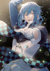 Rule 34 | 1boy, absurdres, bishounen, blue eyes, blue hair, blurry, depth of field, doran (doran7280), gloves, highres, idol, idol clothes, idolish7, looking at viewer, male focus, microphone, open mouth, outstretched hand, short hair, smile, solo, white gloves, yotsuba tamaki