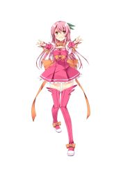 Rule 34 | 1girl, absurdres, amen momo song, blush, detached sleeves, full body, highres, juure mikku pandora puerta, long hair, official art, open mouth, outstretched arms, pink hair, pink theme, refeia, simple background, skirt, solo, thighhighs, white background