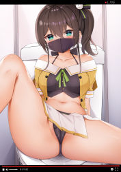 Rule 34 | 1girl, absurdres, bar censor, black camisole, black panties, black ribbon, blue eyes, blush, breasts, brown hair, cameltoe, camisole, cat hair ornament, censored, collarbone, crop top, cropped jacket, hair between eyes, hair ornament, hair ribbon, halterneck, highres, hololive, jacket, kusana (dudqja602), livestream, looking at viewer, mask, medium breasts, midriff, miniskirt, mouth mask, natsuiro matsuri, natsuiro matsuri (1st costume), navel, neck ribbon, off-shoulder jacket, off shoulder, orange jacket, panties, pantyshot, partially visible vulva, pinstripe camisole, pinstripe pattern, pleated skirt, recording, ribbon, short hair, short sleeves, side ponytail, side slit, sitting, skirt, solo, spaghetti strap, spread legs, striped, thick thighs, thighs, toilet, underwear, upskirt, user interface, virtual youtuber, white skirt, youtube