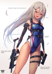 Rule 34 | 1girl, arm warmers, arms note, breasts, brown eyes, commentary request, competition swimsuit, covered navel, cowboy shot, dual wielding, english text, fang, fukai ryosuke, gun, hair between eyes, hair ornament, hairclip, handgun, highleg, highleg swimsuit, holding, holding gun, holding weapon, holster, long hair, looking at viewer, machine pistol, medium breasts, one-piece swimsuit, open mouth, original, personal defense weapon, pistol, platinum blonde hair, shoulder holster, silver hair, smile, solo, standing, submachine gun, suppressor, swimming club kouhai (fukai ryousuke), swimsuit, thigh holster, thigh strap, trigger discipline, very long hair, weapon