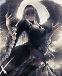 Rule 34 | absurdres, angel wings, black wings, commentary request, doll, doll joints, feathered wings, flower, goth fashion, gothic lolita, hairband, highres, joints, lolita fashion, lolita hairband, looking at viewer, portuguese commentary, purple eyes, rose, rozen maiden, suigintou, white hair, wings