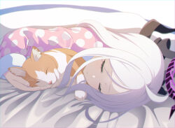 Rule 34 | 1girl, ahoge, animal, black horns, blue archive, cat, chromatic aberration, closed eyes, commentary request, demon horns, eko, feigning sleep, fingernails, halo, highres, hina (blue archive), hina (pajamas) (blue archive), horns, long hair, long sleeves, multiple horns, official alternate costume, open mouth, pajamas, parted bangs, pink pajamas, polka dot, polka dot pajamas, purple halo, solo, white hair