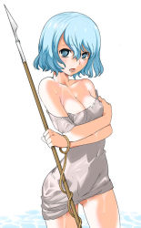 Rule 34 | 1girl, :o, bare shoulders, berserk, blue eyes, blue hair, blush, bob cut, body blush, breast hold, breasts, collarbone, crossed arms, dress, dripping, embarrassed, female focus, freckles, harpoon, holding, isma, looking at viewer, matching hair/eyes, nipple slip, nipples, off shoulder, open mouth, polearm, retro artstyle, robina, rope, shiny skin, short hair, shy, simple background, small breasts, solo, spear, standing, strapless, strapless dress, teeth, thighs, tube dress, water, weapon, wet, wet clothes, white background