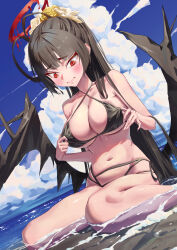 Rule 34 | 1girl, absurdres, antenna hair, bare arms, bare legs, bare shoulders, beach, bikini, black bikini, black hair, black wings, blue archive, blush, breasts, closed mouth, day, fingernails, halo, highres, jhigf, large breasts, long hair, navel, ocean, official alternate costume, outdoors, red eyes, red halo, solo, swimsuit, tsurugi (blue archive), tsurugi (swimsuit) (blue archive), wings
