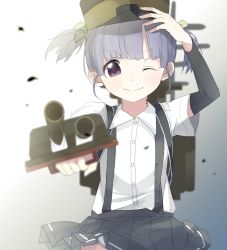 Rule 34 | &gt;;), 10s, 1girl, ;), arm warmers, bad id, blurry, blush, depth of field, dress shirt, grey skirt, hair ribbon, hand on own head, hat, kantai collection, looking at viewer, machinery, one eye closed, ooshio (kancolle), pleated skirt, purple eyes, purple hair, ribbon, shirt, short hair, short sleeves, short twintails, skirt, smile, solo, suspenders, torute (winter), turret, twintails, v-shaped eyebrows