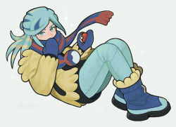 Rule 34 | 1boy, blue footwear, blue mittens, blush, boots, commentary request, creatures (company), floating scarf, full body, game freak, green eyes, green hair, green pants, grusha (pokemon), hands up, highres, holding, holding poke ball, jacket, long hair, long sleeves, male focus, mittens, nintendo, pants, poke ball, poke ball (basic), pokemon, pokemon sv, scarf, scarf over mouth, shinohara akeo, solo, striped clothes, striped scarf, yellow jacket