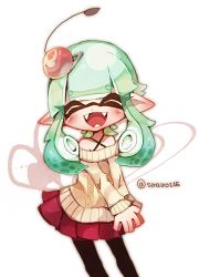 Rule 34 | 1girl, ^ ^, artist name, bare shoulders, black pantyhose, blunt bangs, blush, cherry hair ornament, closed eyes, collarbone, fangs, female focus, flat chest, food-themed hair ornament, green hair, hair ornament, hairclip, happy, inkling, inkling girl, inkling player character, long hair, miniskirt, nintendo, off-shoulder sweater, off shoulder, open mouth, own hands together, pantyhose, pleated skirt, pointy ears, red skirt, shira (sirairo116), sidelocks, signature, simple background, skirt, smile, solo, splatoon (series), suction cups, sweater, tentacle hair, tentacles, twintails, twitter username, v arms, white background, yellow sweater