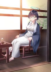 Rule 34 | 1girl, barefoot, black hair, blue-framed eyewear, blue archive, bottle, breasts, chihiro (blue archive), chocolate milk, closed mouth, commentary request, glasses, green eyes, grey kimono, hair between eyes, hair ornament, halo, highres, indoors, japanese clothes, kimono, long sleeves, looking at viewer, mashiro aa, medium breasts, milk bottle, on chair, open clothes, rabbit hair ornament, short hair, sitting, sleeves past wrists, smile, solo, striped clothes, striped kimono, table, towel, towel around neck, vertical-striped clothes, vertical-striped kimono, wide sleeves, wooden floor