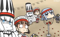 Rule 34 | 10s, 3girls, abyssal ship, anger vein, ball, basket, blue eyes, brown hair, capelet, colored skin, commentary request, dated, disembodied head, dullahan, glasses, gloves, hamu koutarou, hat, hatsukaze (kancolle), headband, headdress, highres, kantai collection, looking up, multiple girls, northern water princess, pince-nez, roma (kancolle), school uniform, shaded face, white hair, white skin