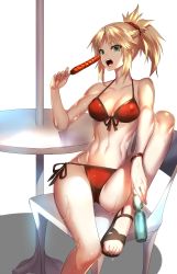 Rule 34 | 1girl, arm support, bikini, blonde hair, bottle, fate/apocrypha, fate/grand order, fate (series), feet on chair, front-tie top, full body, green eyes, halterneck, highres, hot dog, long hair, mordred (fate), mordred (fate) (all), mordred (fate/apocrypha), mordred (swimsuit rider) (fate), mordred (swimsuit rider) (first ascension) (fate), open mouth, ponytail, rahato, ramune, red bikini, scrunchie, side-tie bikini bottom, simple background, sitting, skewer, solo, string bikini, swimsuit, table, teeth, toeless footwear, white background