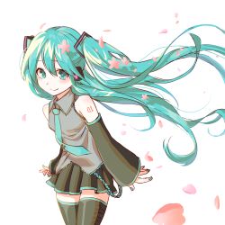 Rule 34 | 1girl, absurdres, aqua eyes, aqua hair, cowboy shot, detached sleeves, hatsune miku, headphones, highres, long hair, looking at viewer, nail polish, necktie, petals, skirt, smile, solo, thighhighs, twintails, very long hair, vocaloid, white background, yampa