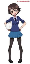 Rule 34 | 1girl, alternate costume, artist name, ball, black footwear, black necktie, black pantyhose, blue skirt, blue sweater, brown eyes, brown hair, commentary, dress shirt, emblem, full body, girls und panzer, hands on own hips, holding, holding ball, isobe noriko, kayabakoro, loafers, long sleeves, looking at viewer, miniskirt, necktie, open mouth, pantyhose, pleated skirt, school uniform, shirt, shoes, short hair, simple background, skirt, sleeves rolled up, smile, solo, st. gloriana&#039;s school uniform, standing, sweater, twitter username, v-neck, volleyball, volleyball (object), white background, white shirt, wing collar
