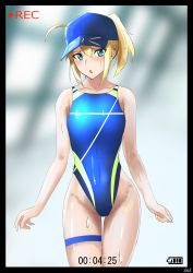 Rule 34 | 1girl, absurdres, ahoge, artoria pendragon (fate), baseball cap, blonde hair, blue eyes, blue hat, blurry, chestnut mouth, commentary request, competition swimsuit, cowboy shot, depth of field, fate/grand order, fate (series), flat chest, hat, highleg, highleg swimsuit, highres, indoors, kasumi saika, long hair, looking at viewer, mysterious heroine x (fate), one-piece swimsuit, ponytail, recording, rei no pool, rojiura satsuki: chapter heroine sanctuary, solo, standing, swimsuit, thigh gap, viewfinder