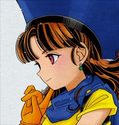 Rule 34 | 1girl, alena (dq4), blue cape, brown eyes, brown hair, cape, close-up, dragon quest, dragon quest iv, dress, earrings, gloves, hat, highres, jewelry, long hair, looking to the side, okita (sukult 4), orange gloves, profile, smile, solo, yellow dress