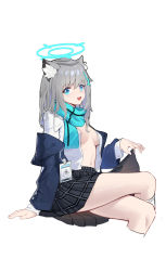 Rule 34 | 1girl, absurdres, animal ear fluff, animal ears, aqua scarf, arm support, blue archive, blue eyes, blue jacket, breasts, cat ears, collared shirt, commentary request, cropped legs, crossed legs, grey hair, grey skirt, halo, highres, jacket, kneehighs, long hair, looking at viewer, navel, no bra, open clothes, open jacket, open mouth, open shirt, plaid, plaid skirt, pleated skirt, scarf, shiroko (blue archive), shirt, simple background, sitting, skirt, skirt hold, small breasts, socks, solo, stomach, thighs, white background, white shirt, white socks, xintianou