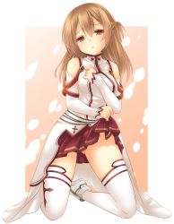 Rule 34 | 1girl, :&lt;, alternate costume, asuna (sao), asuna (sao) (cosplay), bare shoulders, brown hair, clothes lift, cosplay, detached sleeves, hair down, highres, kneeling, long hair, looking at viewer, miko (royal milk), red eyes, silica, skirt, skirt lift, solo, sword art online, thighhighs, white thighhighs