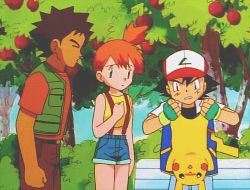 Rule 34 | 1girl, 2boys, angry, animated, animated gif, apple, ash ketchum, baseball cap, bench, black hair, blush, brock (pokemon), clenched hand, creatures (company), fingerless gloves, food, fruit, game freak, gen 1 pokemon, gloves, hat, holding, holding pokemon, looking at another, lowres, midriff, misty (pokemon), multiple boys, nintendo, orange hair, pikachu, pokemon, pokemon (anime), pokemon (classic anime), pokemon (creature), screencap, standing, tail, tree