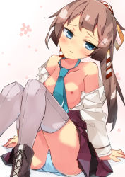 Rule 34 | 1girl, beritabo, blue eyes, blue necktie, blue panties, blush, boots, breasts, brown footwear, brown hair, closed mouth, collarbone, collared shirt, cross-laced footwear, dress, floral background, gradient background, grey thighhighs, head tilt, highres, jacket, kantai collection, kazagumo (kancolle), kazagumo kai ni (kancolle), knees together feet apart, knees up, lace-up boots, long hair, necktie, nipples, no bra, off shoulder, open clothes, open jacket, open shirt, panties, pink background, pleated dress, ponytail, purple dress, shirt, sitting, sleeveless, sleeveless dress, small breasts, solo, thighhighs, thighhighs under boots, underwear, very long hair, wavy hair, white background, white jacket, white shirt