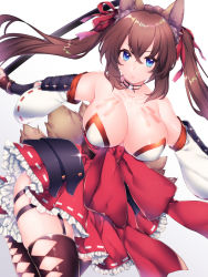 Rule 34 | 1girl, absurdres, animal ears, bare shoulders, black thighhighs, blue eyes, bow, breasts, brown hair, caleen keemosn, chest tattoo, choker, cleavage, closed mouth, cowboy shot, detached sleeves, expressionless, fox ears, fox tail, frills, hair bow, highres, large breasts, long hair, looking at viewer, multiple tails, red bow, red skirt, shiny skin, simple background, skirt, solo, square enix, star ocean, star ocean anamnesis, tail, tattoo, thighhighs, twintails, waist bow, white background, white sleeves, yutazou