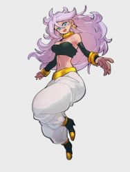 Rule 34 | 1girl, :d, android 21, blue eyes, bracelet, choker, dragon ball, dragon ball fighterz, earrings, full body, grey background, hair between eyes, hoop earrings, jewelry, kemachiku, long hair, looking at viewer, majin android 21, midriff, navel, open mouth, pants, pink hair, simple background, smile, solo, white pants, yellow choker
