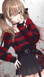 Rule 34 | absurdres, ahoge, belt, belt chain, black choker, black nails, black ribbon, black skirt, black sweater, blood, blood splatter, brown eyes, brown hair, chain necklace, cho 913, choker, emo fashion, feathers, hair ribbon, hand on own face, heart, heart choker, highres, hololive, hololive english, jewelry, looking at viewer, multicolored hair, nanashi mumei, nanashi mumei (emo), necklace, official alternate costume, official alternate hairstyle, plaid, plaid skirt, pleated skirt, red skirt, red sweater, ribbon, skirt, splatter background, streaked hair, striped clothes, striped sweater, sweater, sweater tucked in, tongue, tongue out, torn clothes, torn sweater, twintails, two-tone sweater, virtual youtuber, white background
