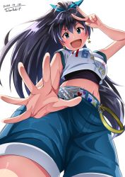 Rule 34 | 1girl, :d, absurdres, antenna hair, belt, black hair, blue eyes, blue shorts, blush, breasts, clothes writing, commentary request, cowboy shot, crop top, dated, earrings, eyebrows hidden by hair, fang, foreshortening, from below, ganaha hibiki, green ribbon, groin, hair between eyes, hair ribbon, highres, idolmaster, idolmaster (classic), jewelry, long hair, looking at viewer, medium breasts, midriff, navel, open mouth, ponytail, ribbon, shirt, shorts, sidelocks, signature, simple background, smile, solo, standing, star (symbol), star earrings, takatsuki p, v, white background, white belt, white shirt