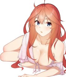 Rule 34 | 1girl, ahoge, blue eyes, breasts, cleavage, collarbone, elbow rest, go-toubun no hanayome, highres, large breasts, long hair, looking at viewer, lying, nakano itsuki, on side, open mouth, pink skirt, ran maru, red hair, simple background, single bare shoulder, skirt, solo, strap slip, thighs, white background