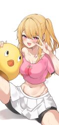 Rule 34 | 1girl, bare shoulders, bike shorts, black shorts, blonde hair, breasts, bright pupils, collarbone, crop top, hugging doll, hand up, highres, hoshino ruby, long hair, looking at viewer, medium breasts, midriff, miniskirt, navel, hugging object, off shoulder, one side up, open mouth, oshi no ko, pink eyes, pink shirt, pleated skirt, shirt, short shorts, short sleeves, shorts, shorts under skirt, simple background, sitting, skirt, smile, solo, spread legs, stomach, sweat, thighs, v, white background, white skirt, yaki mayu