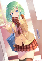 Rule 34 | 1girl, :d, adjusting scarf, bag, black thighhighs, blue eyes, blurry, blurry background, blush, bow, bowtie, brown jacket, buttons, cardigan, commentary request, cowboy shot, depth of field, doorway, dutch angle, evening, fringe trim, green hair, hair ornament, hairclip, hands up, indoors, jacket, long sleeves, looking at viewer, medium hair, miniskirt, open door, open mouth, original, plaid, plaid scarf, plaid skirt, pleated skirt, scarf, school bag, school uniform, shirai tanuki, shirt, shoulder bag, skindentation, skirt, sliding doors, smile, solo, striped bow, striped bowtie, striped clothes, striped neckwear, takeda emi, thighhighs, twitter username, waving, white shirt, window, yellow cardigan, zettai ryouiki