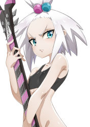 Rule 34 | 1girl, ajula wachula, aqua eyes, breasts, closed mouth, commentary request, covered erect nipples, creatures (company), eyelashes, game freak, guitar, hair bobbles, hair ornament, highres, holding, holding instrument, instrument, nintendo, pokemon, pokemon bw2, roxie (pokemon), shiny skin, small breasts, solo, sports bra, topknot, v-shaped eyebrows, white hair
