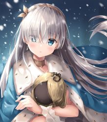 Rule 34 | 1girl, absurdres, ale nqki, anastasia (fate), blue cloak, blue eyes, blush, brown choker, brown hairband, choker, cloak, collarbone, commentary request, crown, doll, earrings, eyes visible through hair, fate/grand order, fate (series), fingernails, floating hair, fur-trimmed cloak, fur trim, glint, hair over one eye, hairband, head tilt, highres, jewelry, long hair, looking at viewer, mini crown, hugging object, parted lips, silver hair, snowing, solo, upper body