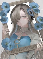 Rule 34 | 1girl, blue dress, blue flower, blue hair, darico, dress, expressionless, flower, grey eyes, grey hair, hair flower, hair ornament, hair over one eye, highres, holding frame, isekai joucho, kamitsubaki studio, light particles, long hair, long sleeves, looking at viewer, multicolored hair, nemophila (flower), parted lips, picture frame, solo, two-tone dress, two-tone hair, upper body, virtual youtuber, white dress