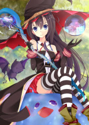 Rule 34 | 1girl, bad id, bad pixiv id, bare shoulders, black gloves, black hair, blue eyes, blush, crossed legs, elbow gloves, full moon, gloves, hat, highres, long hair, looking at viewer, moon, original, sitting, smile, solo, staff, striped clothes, striped thighhighs, thighhighs, witch, witch hat, youkan (mattya youkan)
