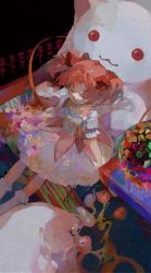 Rule 34 | 1girl, abstract, absurdres, bow, bubble skirt, chinese commentary, closed eyes, commentary request, dog kalie, dress, dress bow, dutch angle, faux traditional media, feet out of frame, flower, frilled skirt, frilled socks, frills, from above, hair bow, highres, kaname madoka, kyubey, magical girl, mahou shoujo madoka magica, painterly, parted bangs, pink dress, pink hair, puffy short sleeves, puffy sleeves, short hair, short sleeves, short tail, sitting, skirt, smile, socks, solo, tail, white skirt, white socks