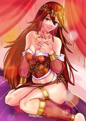 Rule 34 | 1girl, alternate costume, artist name, breasts, choker, cleavage, cordelia (fire emblem), covered mouth, fire emblem, fire emblem awakening, fire emblem heroes, hair ornament, harem outfit, highres, jackary, long hair, mouth veil, navel, nintendo, parted lips, red eyes, red hair, see-through, sitting, small breasts, solo, thighs, veil