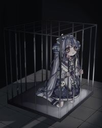Rule 34 | 1girl, artist request, commentary, english commentary, highres, holding bars, in cage, kneeling, long hair, multicolored hair, nervous sweating, nijisanji, nijisanji en, orange eyes, solo, streaked hair, sweat, twintails, twisty amanozako, very long hair, virtual youtuber, wavy mouth
