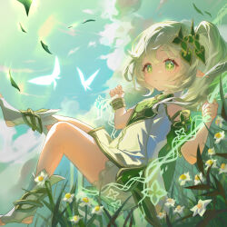 Rule 34 | 1girl, absurdres, animal, anklet, bloomers, blue sky, blush, bug, butterfly, chrysanthemum, cloud, cross-shaped pupils, curly hair, day, detached sleeves, dress, flower, genshin impact, gradient hair, green eyes, green sleeves, grey hair, hair between eyes, hair ornament, high side ponytail, highres, insect, jewelry, leaf, leaf hair ornament, leg up, long hair, looking at animal, multicolored hair, nahida (genshin impact), osushi tabetarou, outdoors, parted lips, plant, pointy ears, ponytail, side ponytail, sidelocks, sitting, sky, sleeveless, sleeveless dress, solo, solo focus, swing, symbol-shaped pupils, underwear, vines, white bloomers, white butterfly, white dress, white flower