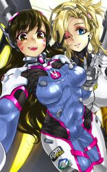 Rule 34 | 2girls, :d, animal print, armor, blonde hair, blue bodysuit, blue eyes, bodysuit, boots, bracer, breasts, breasts apart, brown eyes, brown hair, covered navel, cowboy shot, d.va (overwatch), emblem, eyelashes, facepaint, facial mark, gloves, halo, hand up, headgear, headphones, izuna nie, lips, logo, long hair, long sleeves, looking at viewer, makeup, mascara, mechanical halo, mechanical wings, medium breasts, mercy (overwatch), multiple girls, one eye closed, open mouth, overwatch, overwatch 1, parted lips, pauldrons, pilot suit, pink lips, ponytail, rabbit print, reaching, reaching towards viewer, ribbed bodysuit, selfie, shoulder armor, shoulder pads, skin tight, smile, standing, teeth, thigh boots, thigh strap, thighhighs, turtleneck, v, weapon, whisker markings, white footwear, white gloves, white legwear, wings, yellow wings
