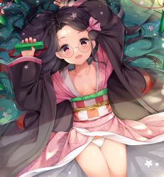 Rule 34 | 1girl, absurdres, bad id, bad pixiv id, bamboo, bit gag, black hair, breasts, brown hair, commentary request, fangs, forehead, gag, unworn gag, glasses, gradient hair, hair ribbon, highres, holding, in water, japanese clothes, kamado nezuko, kimetsu no yaiba, kimono, long hair, long sleeves, looking at viewer, mole, mole on breast, multicolored hair, no bra, panties, pedo0201, pink eyes, pink kimono, pink ribbon, ribbon, round eyewear, small breasts, smile, solo, two-tone hair, underwear, very long hair, white panties