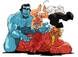 Rule 34 | 3boys, ass, bara, beard, black eyes, black hair, black pants, blonde hair, blue oni, blue oni (chijimetaro), blue skin, blush, chest hair, chijimetaro, colored skin, come hither, couple, facial hair, giant, giant male, hairy, horns, implied sex, jumping, large pectorals, lucky student (chijimetaro), male focus, male underwear, mini person, miniboy, multiple boys, muscular, navel, navel hair, oni, oni horns, original, pants, pectorals, pointy ears, red oni, red oni (chijimetaro), red skin, shirt, short hair, size difference, thick thighs, thighs, underwear, undressing, white briefs, white male underwear, white shirt, yaoi