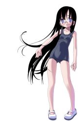 Rule 34 | 1girl, black hair, blue one-piece swimsuit, blush, breasts, collarbone, covered navel, female focus, glasses, long hair, looking at viewer, one-piece swimsuit, pigeon-toed, purple eyes, rimless eyewear, school swimsuit, shoes, simple background, small breasts, solo, standing, swimsuit, very long hair, white background, white footwear
