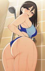 Rule 34 | 1girl, :d, ass, black hair, blush, breasts, competition swimsuit, cowboy shot, from behind, gyouza teishoku, hair between eyes, hand up, highres, large breasts, long hair, looking at viewer, looking back, one-piece swimsuit, open mouth, original, purple eyes, shower head, showering, sidelocks, smile, solo, swimsuit, tareme, twisted torso, water, wet