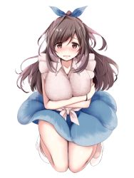 Rule 34 | 1girl, beige shirt, blue bow, bow, bracelet, breasts, brown eyes, brown hair, crying, crying with eyes open, hand on own arm, hand on own chest, highres, idolmaster, idolmaster shiny colors, jewelry, kneeling, large breasts, long hair, platform footwear, ribbon, rocha (aloha ro cha), skirt, swept bangs, tears, tsukioka kogane