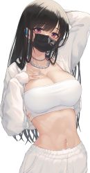 Rule 34 | 1girl, arm behind head, bandeau, black hair, blue nails, blush, breasts, cleavage, crop top, cropped jacket, earphones, earrings, highres, jacket, jewelry, large breasts, long hair, long sleeves, looking at viewer, makamati, mask, midriff, mouth mask, nail polish, navel, necklace, open clothes, open jacket, original, pink eyes, shorts, simple background, sleeves past wrists, solo, strapless, thighhighs, tube top, white background, white jacket, white shorts