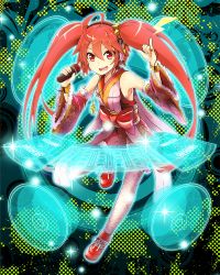 Rule 34 | 1girl, armpits, commentary request, detached sleeves, headphones, holographic interface, japanese clothes, jewelry, kimono, lightning bolt symbol, long hair, microphone, mixing table, music, necklace, open mouth, original, red eyes, red hair, shoes, short kimono, singing, smile, sneakers, solo, tanashi (mk2), twintails, very long hair